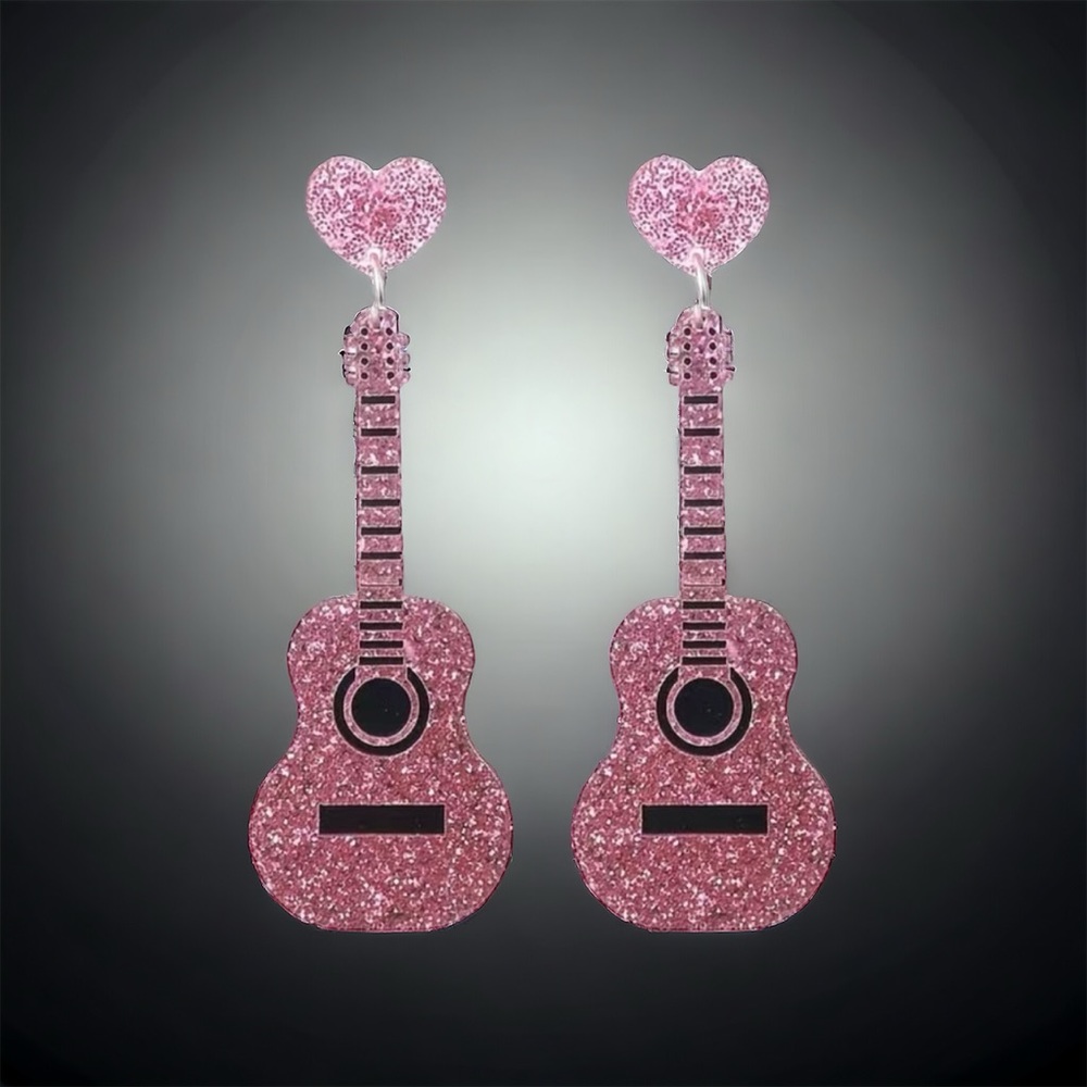 Sparkle with style: Pink guitar glitter acrylic earrings - Picture 5 of 13